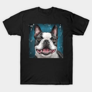 Painting of a Happy Boston Terrier Smiling on Blue Background T-Shirt